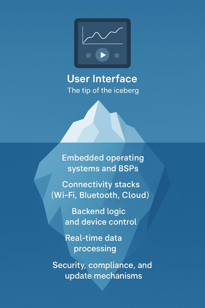 HMI development iceberg, embedded software architecture, UI vs backend complexity, embedded systems layers, device UI design