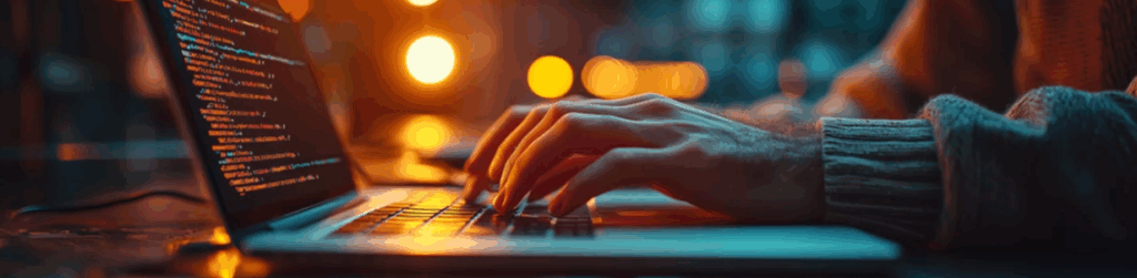 Software engineer coding on a laptop in a low-light workspace focused on embedded systems development.