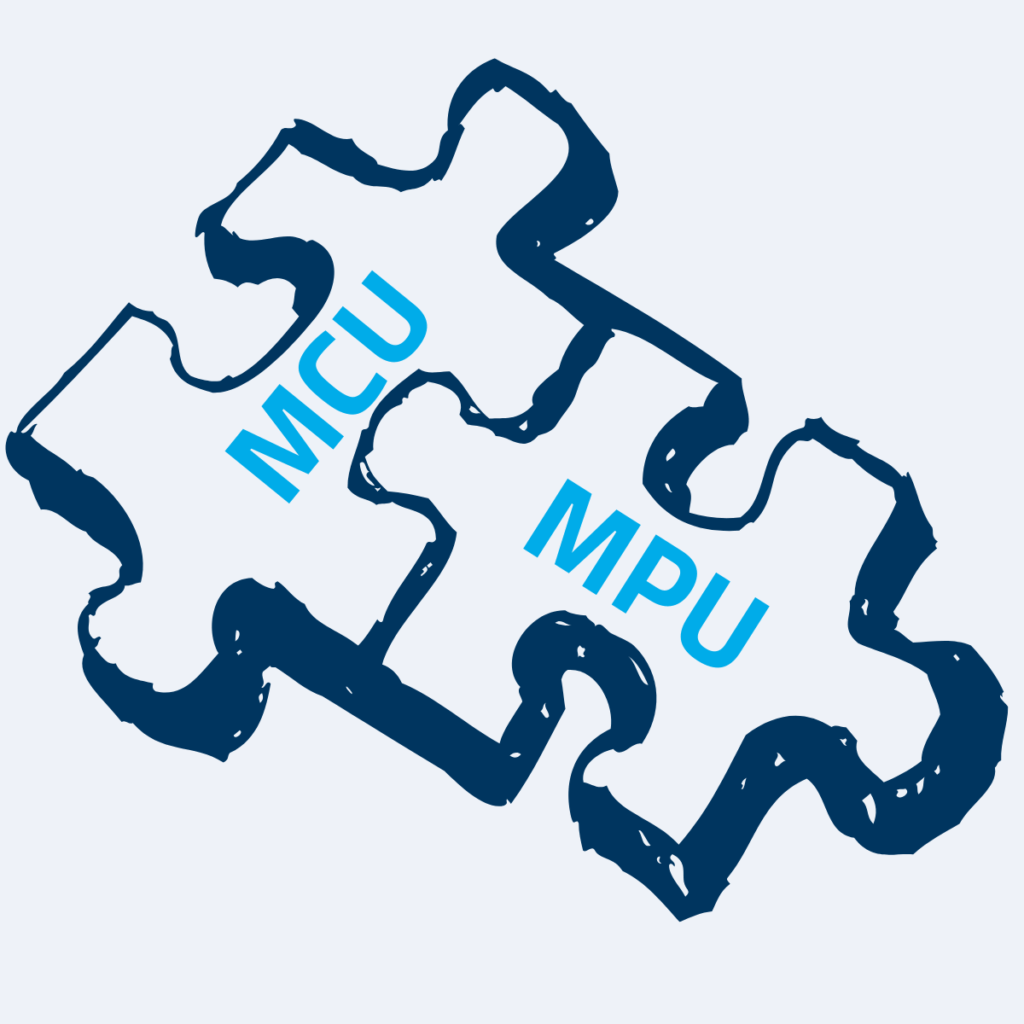 Two connected puzzle pieces labeled MCU and MPU, illustrating how microcontrollers and microprocessors work together in hybrid embedded architectures.